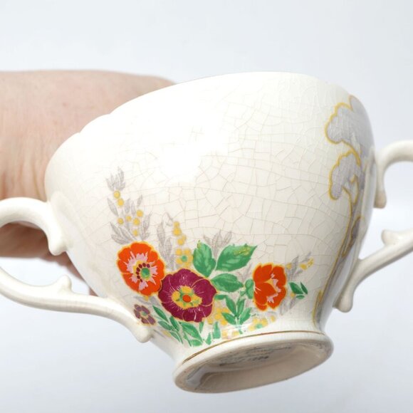 Vintage Royal Cauldon Floral Footed Bullion Cups Double Handles Cream Red Gold - Picture 7 of 7